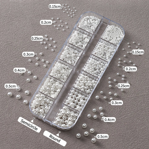 Elegant Round White Pearl Nail Beads and Charms Set for Stunning Nail Art Decoration - 12 Grids of Caviar Beads and Half Round Gems for Fall Season Nails and DIY Nail Designs